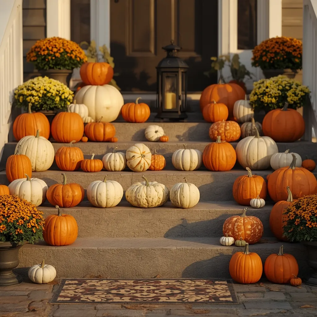 Cluster of pumpkins on front steps