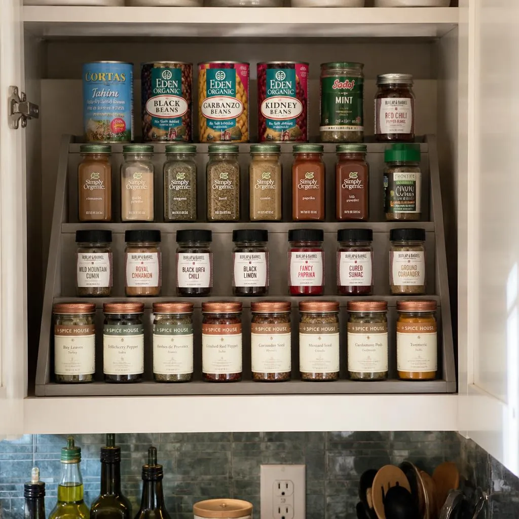 Tiered risers inside a cabinet making rows of spice jars and cans visible