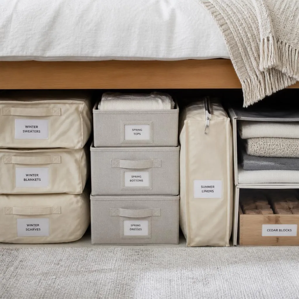Off season bedroom decor storage system