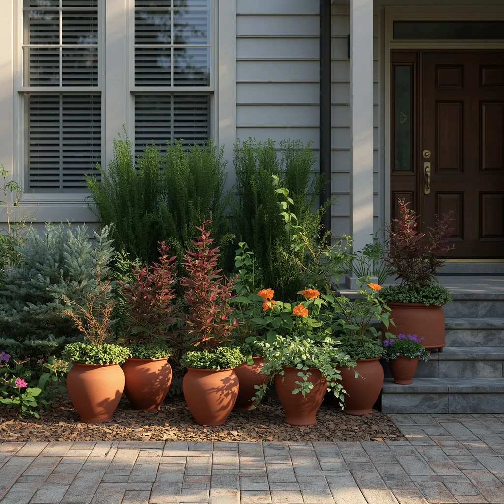 Containers beside a front flower bed