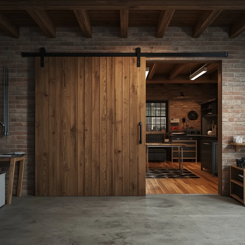 A barn-style sliding door on a black track dividing zones in a rustic garage