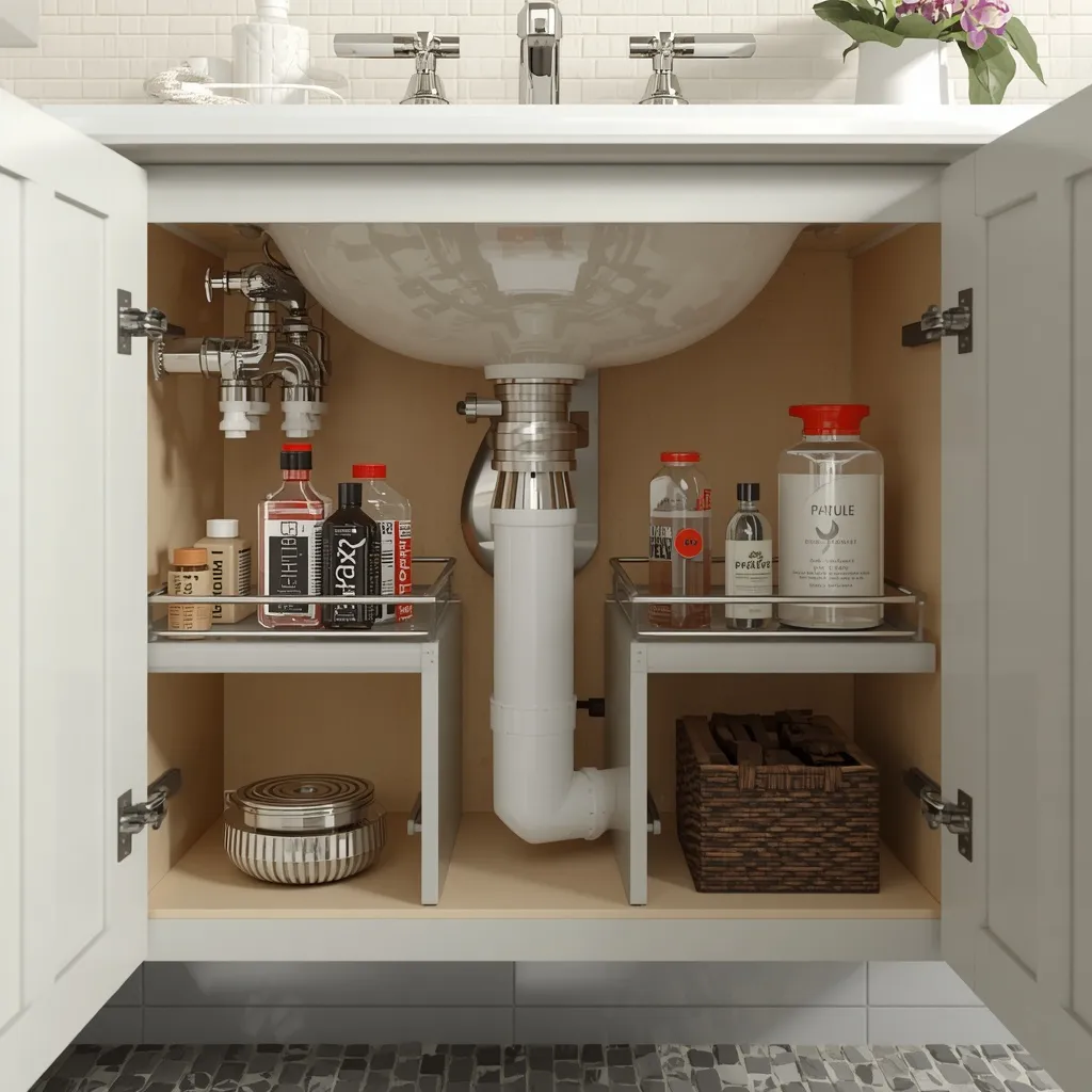A stackable shelf riser doubling the space in an under-sink bathroom cabinet