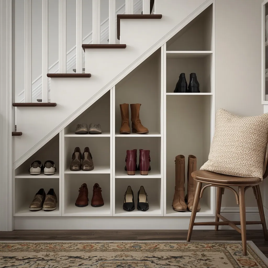 Angled under-stair cubbies neatly storing pairs of shoes in an entryway