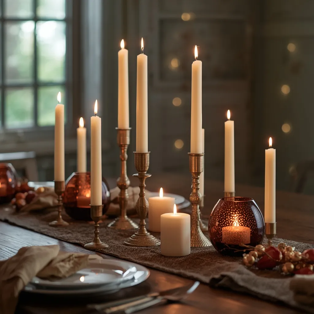 Cluster of amber taper candles on a table