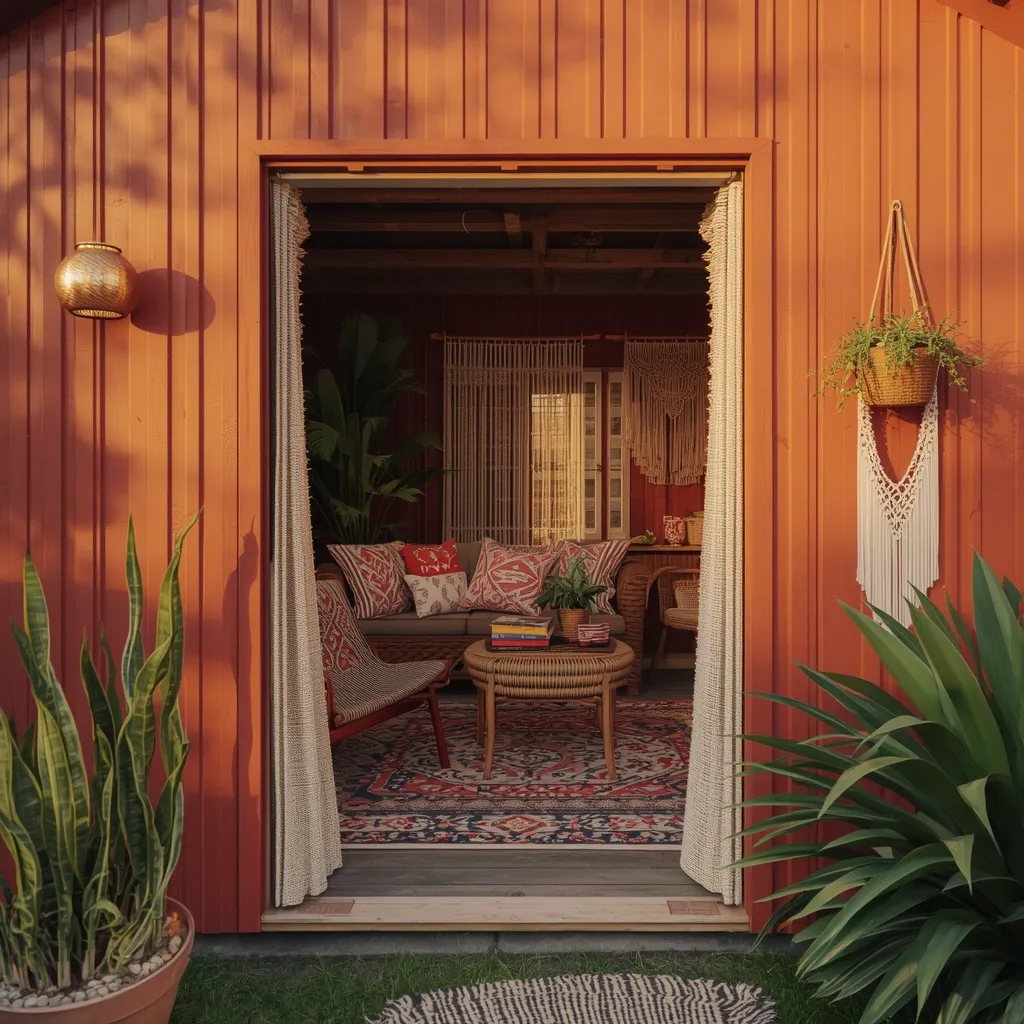 Colorful boho she shed office interior