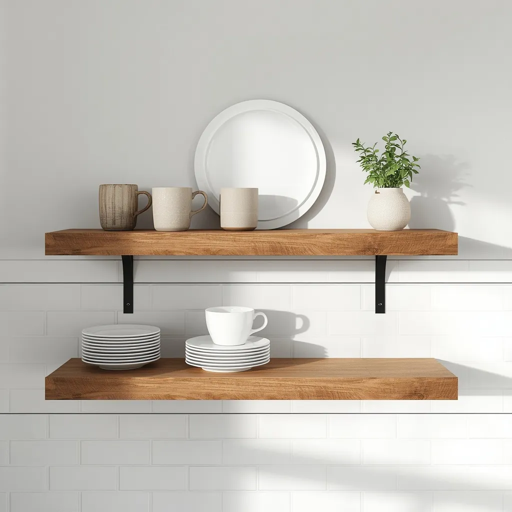 Open oak floating shelves above a kitchen counter holding plates, mugs and a herb