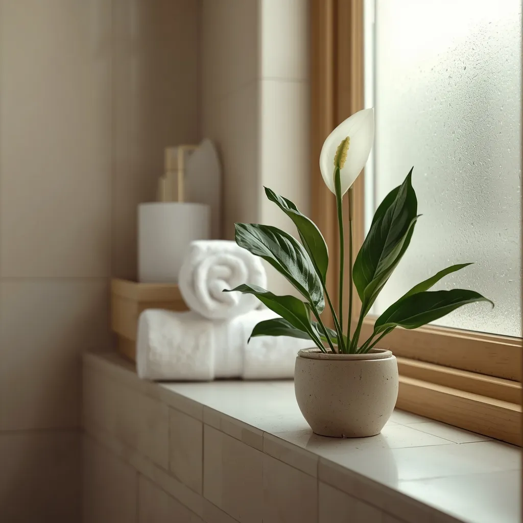 Peace lily in a spa-like bathroom corner