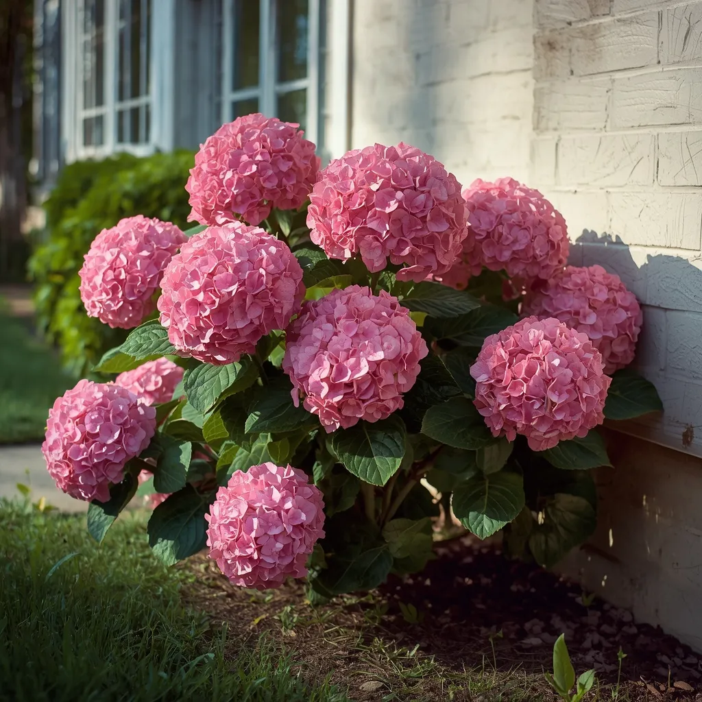 Pink mophead hydrangea shrub in full bloom against a house foundation