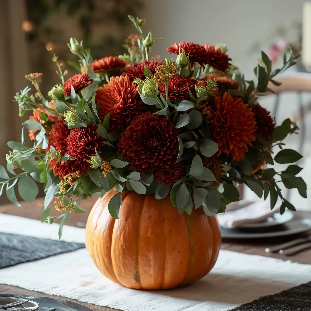 Pumpkin vase filled with fall flowers