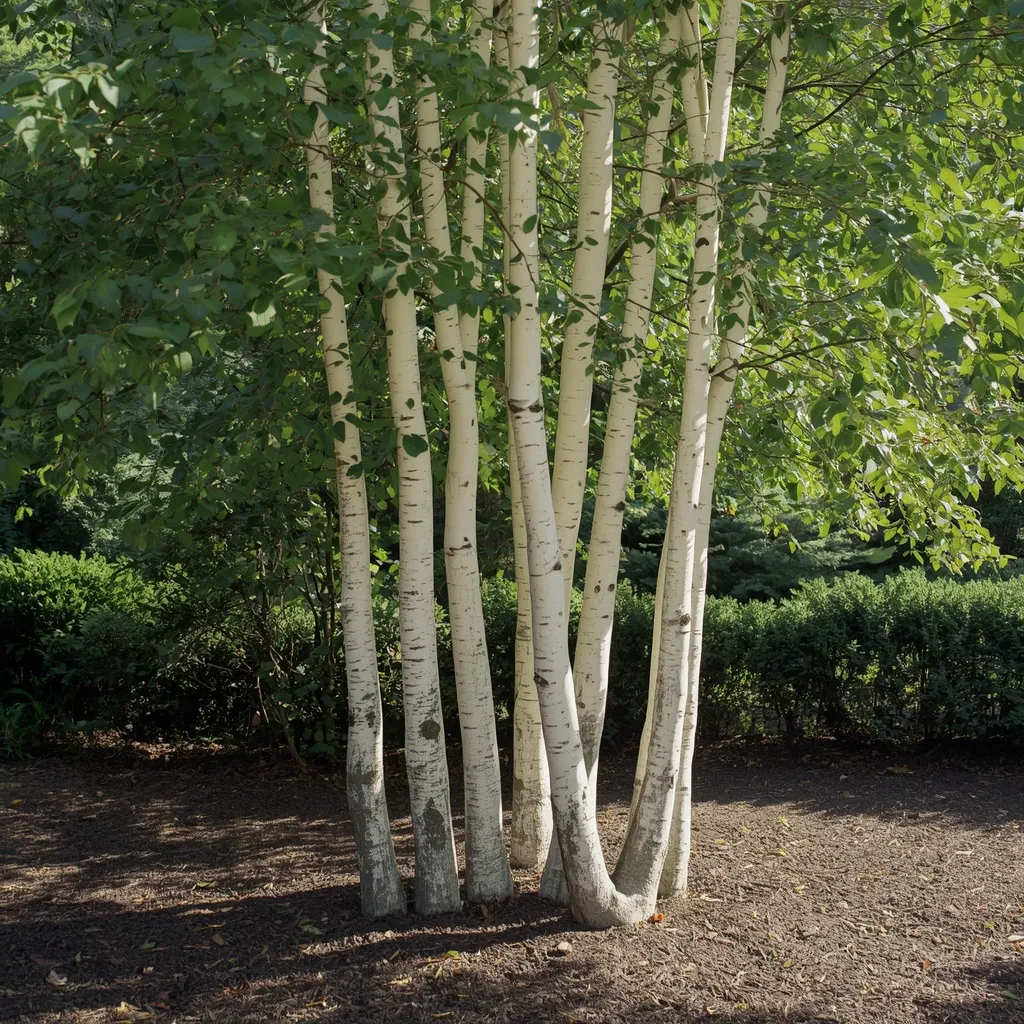 Small grove of five silver birch trees with overlapping white trunks in a garden
