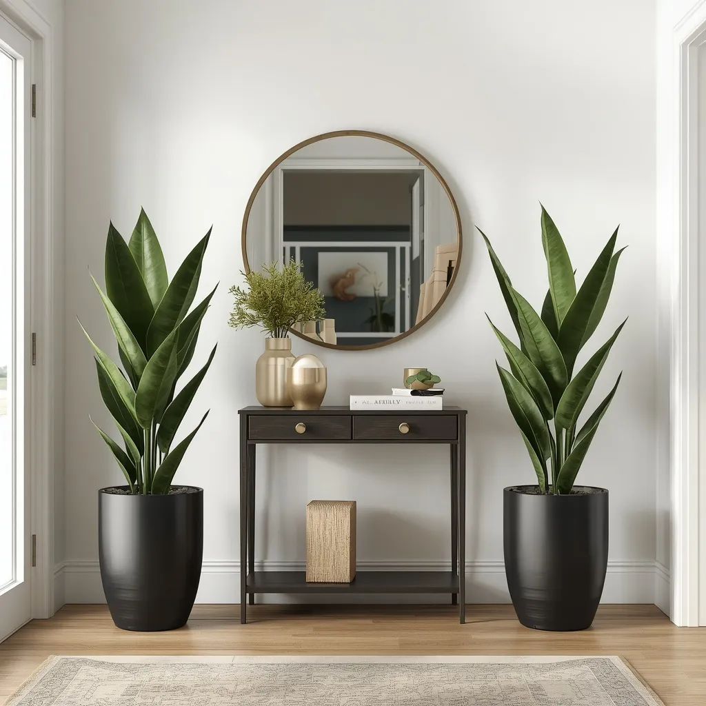 Symmetrical pair of snake plants at entryway