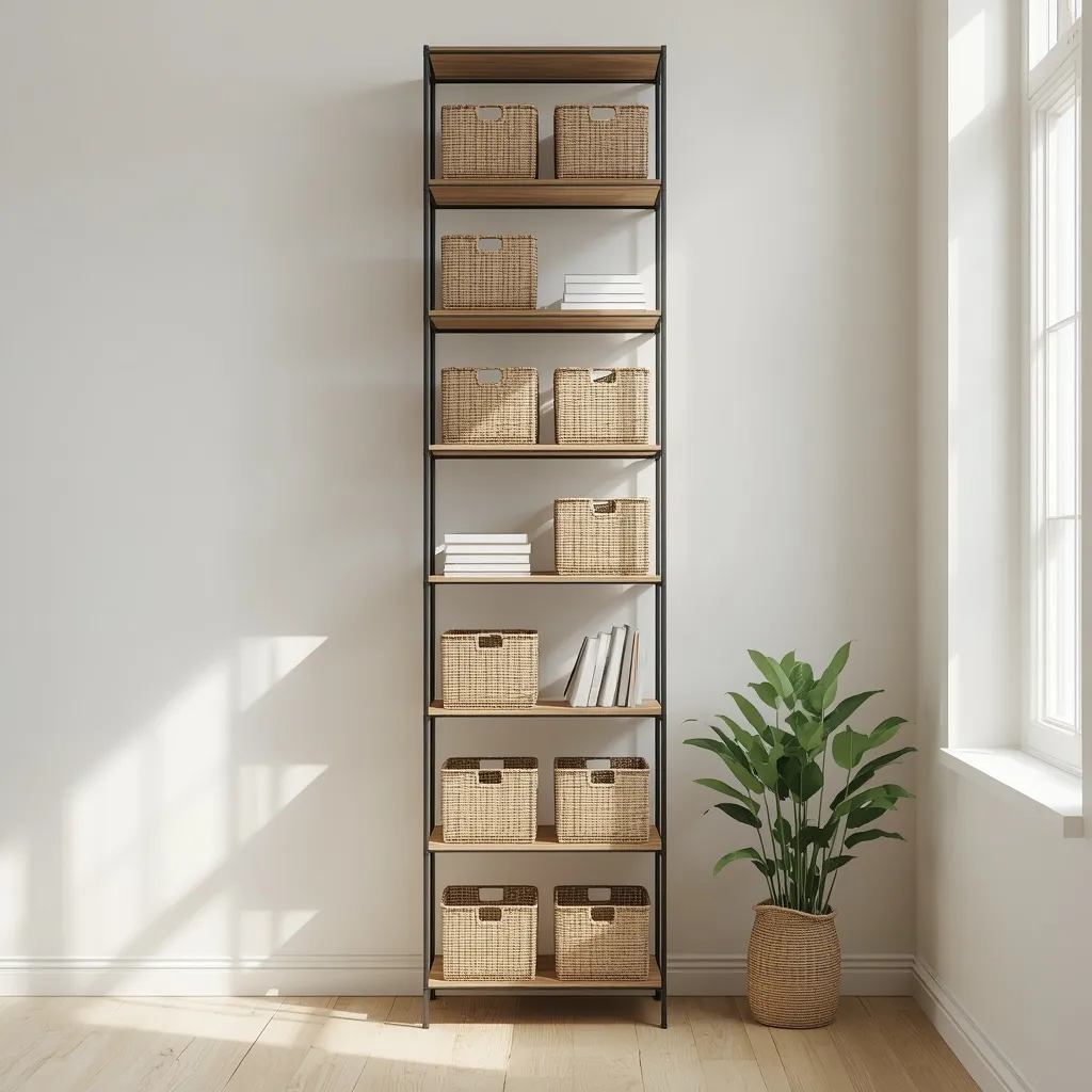 Tall vertical wall shelving with baskets and books maximising storage in a small room
