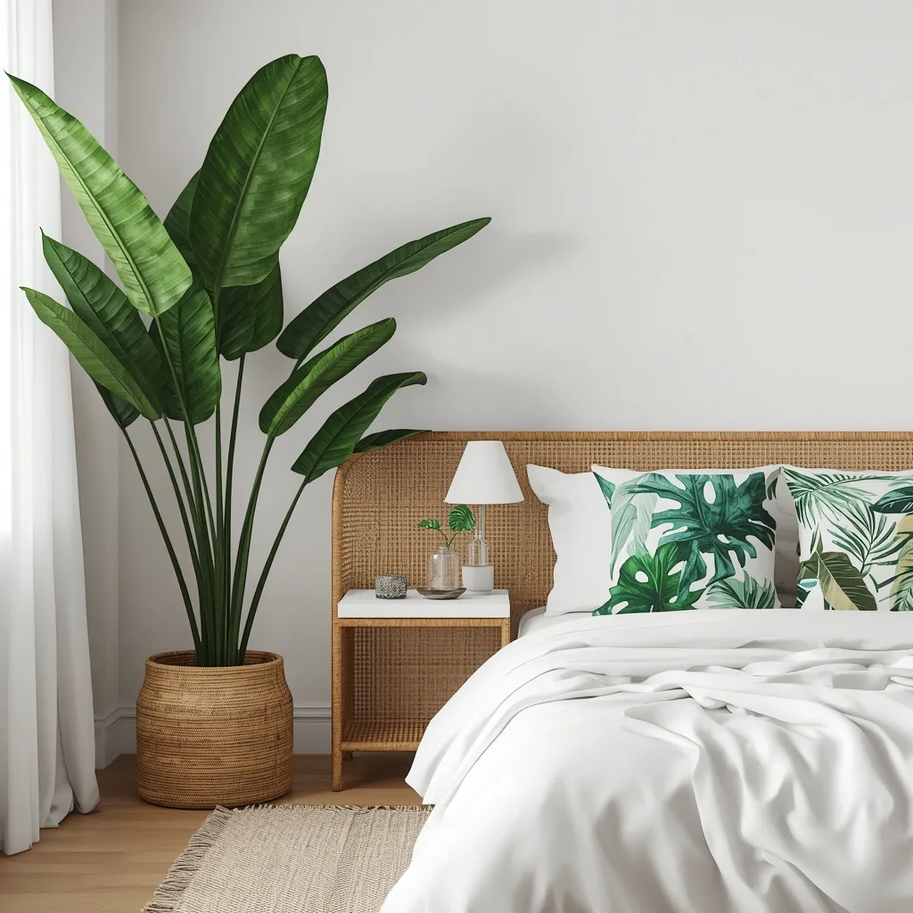 Tropical green palm summer bedroom