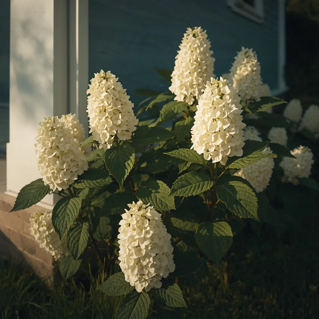 White panicle hydrangea shrub in full bloom against a house foundation
