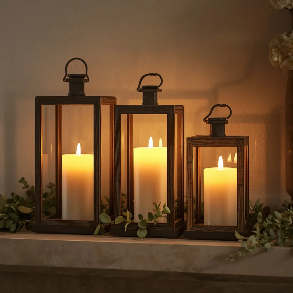 Wooden lanterns with candles for fall