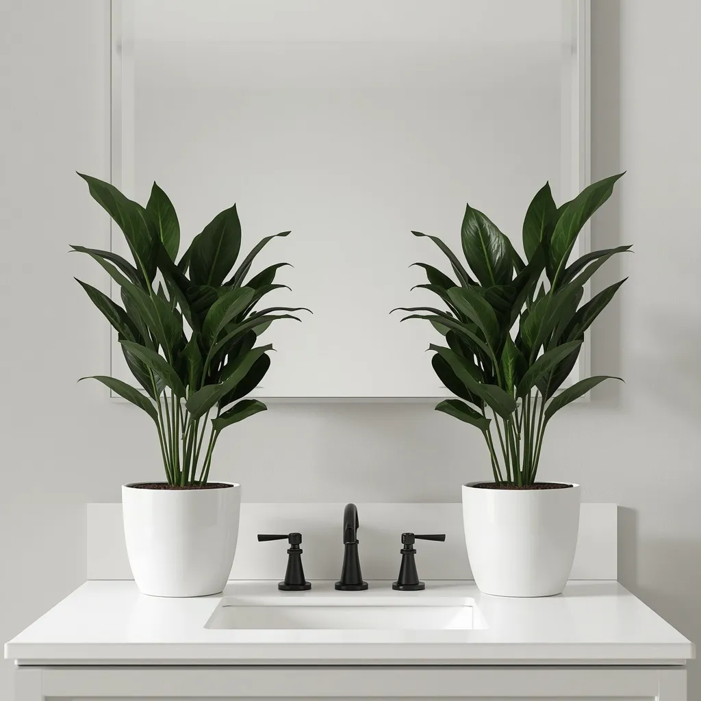 ZZ plants beside bathroom mirror