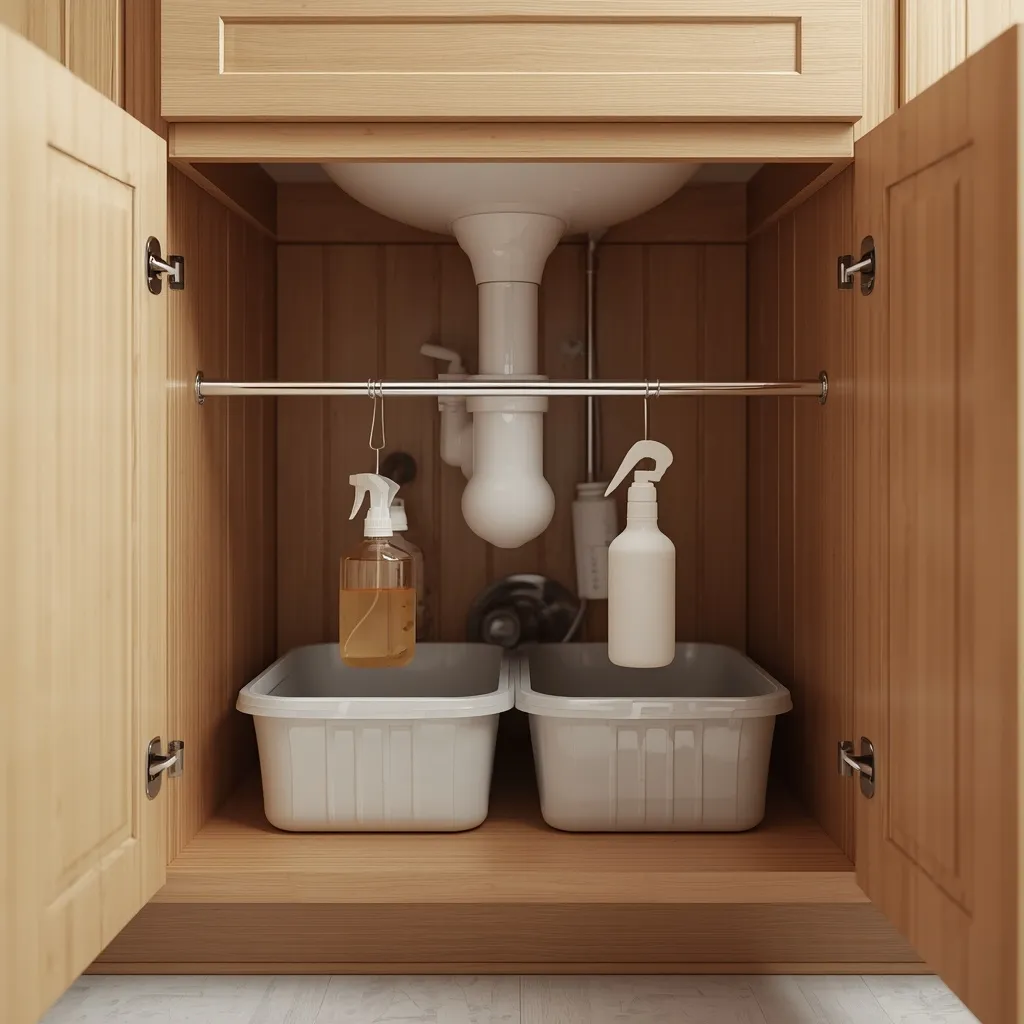 A tension rod holding spray bottles inside an under-sink bathroom cabinet