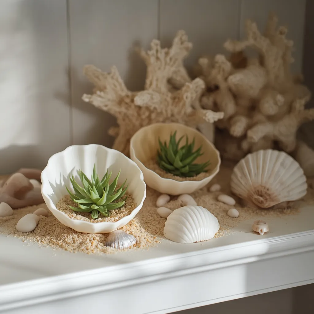 Air plants displayed in seashells