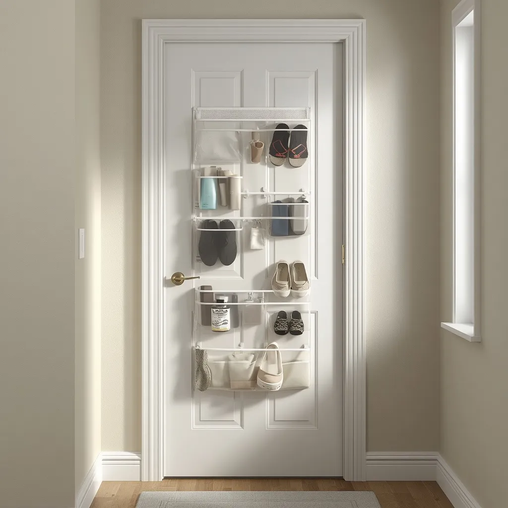 An over-the-door organizer with clear pockets holding shoes and toiletries
