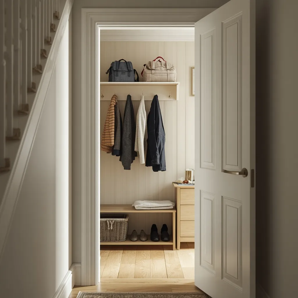 An under-stair cloakroom with a coat rail and hooks behind an open door