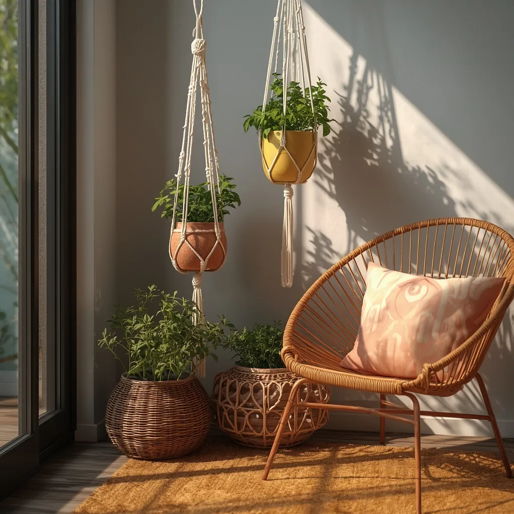 Boho hanging herb corner on a patio
