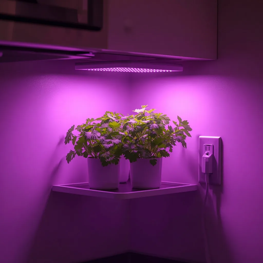 Cilantro under a grow light on a shelf