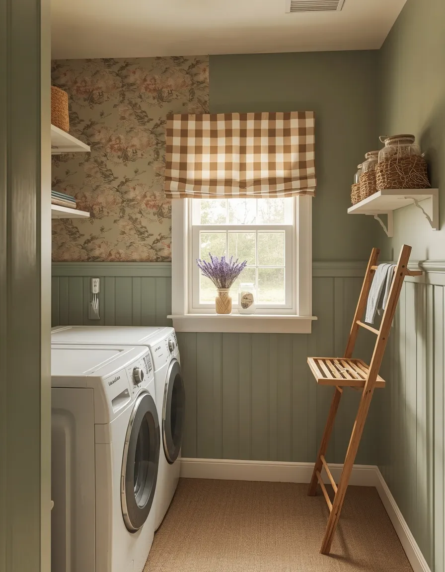 Cottagecore sage green laundry nook