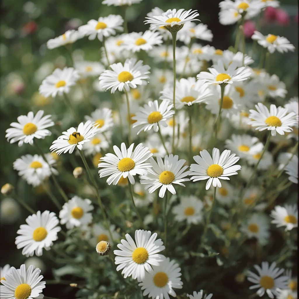 Crisp white Shasta daisies with yellow centers blooming in a summer garden border