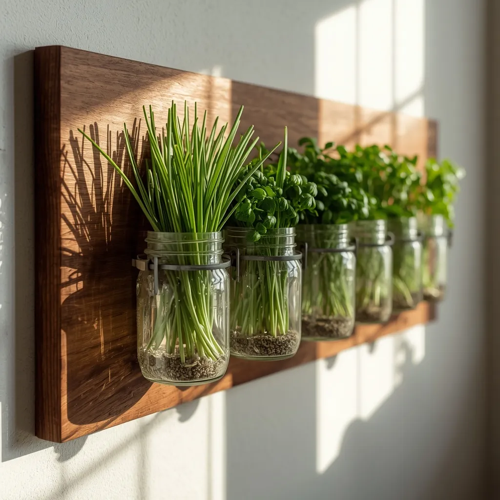 DIY mason jar rail indoor herb garden