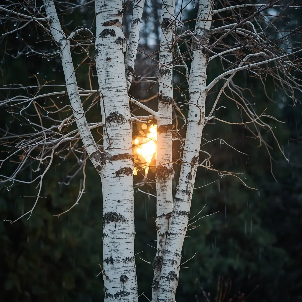 Himalayan birch with brilliant white bark against a dark evergreen in winter sun