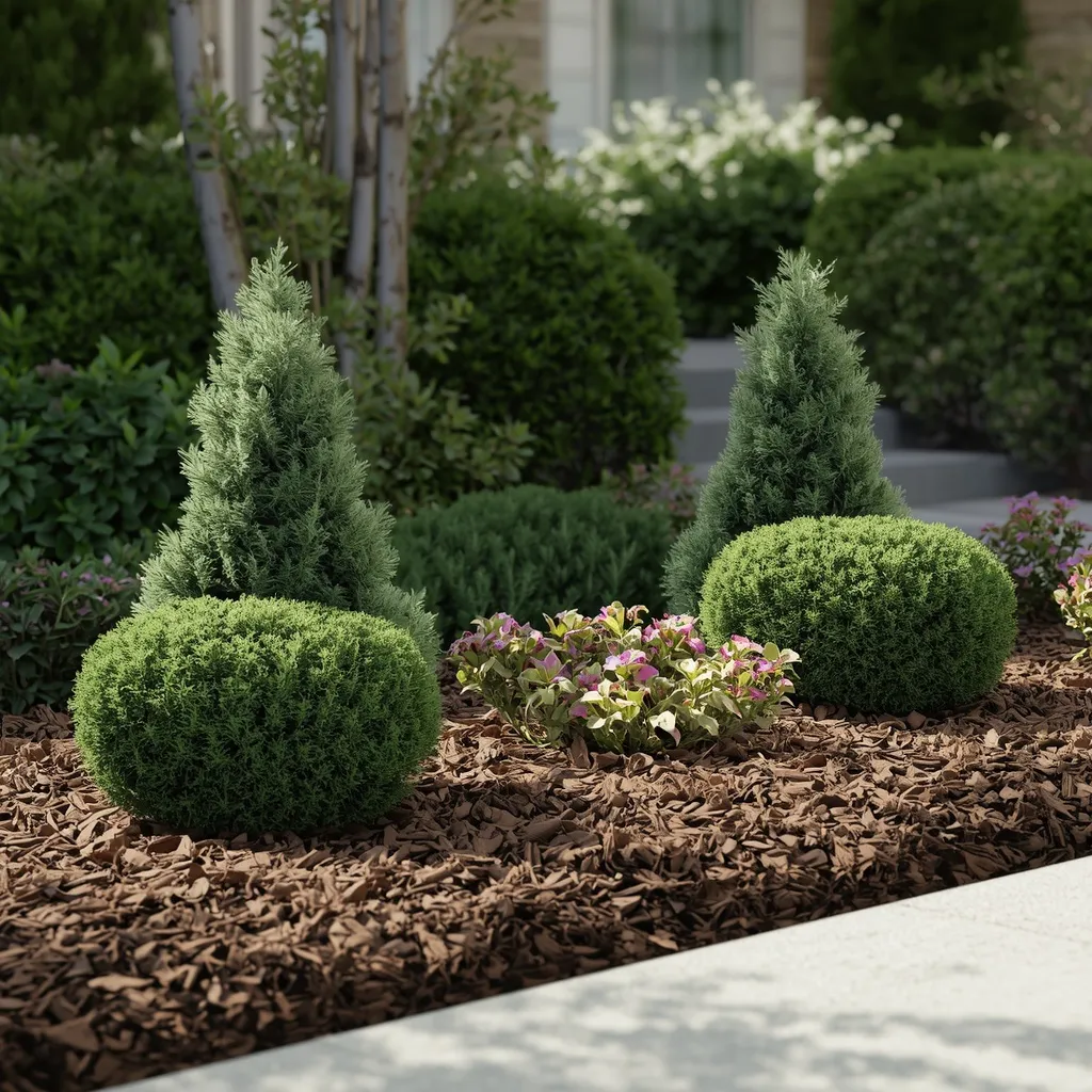 Low maintenance evergreen front bed