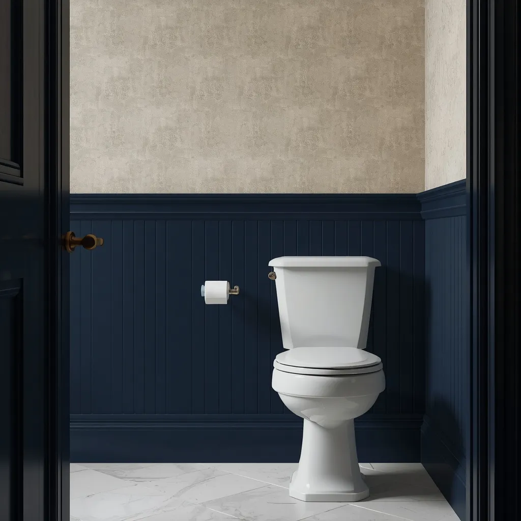 Navy wainscoting in powder room