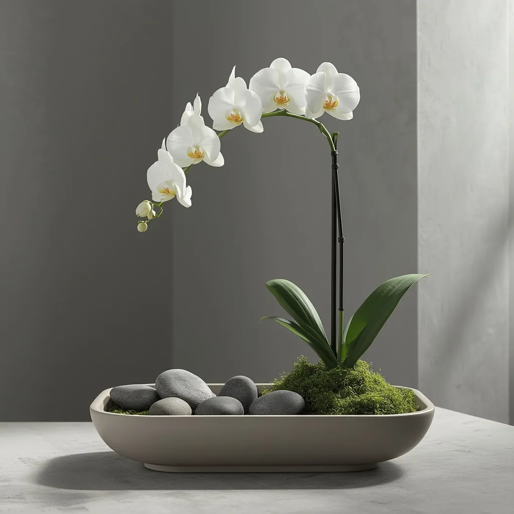 Orchid and river stone display