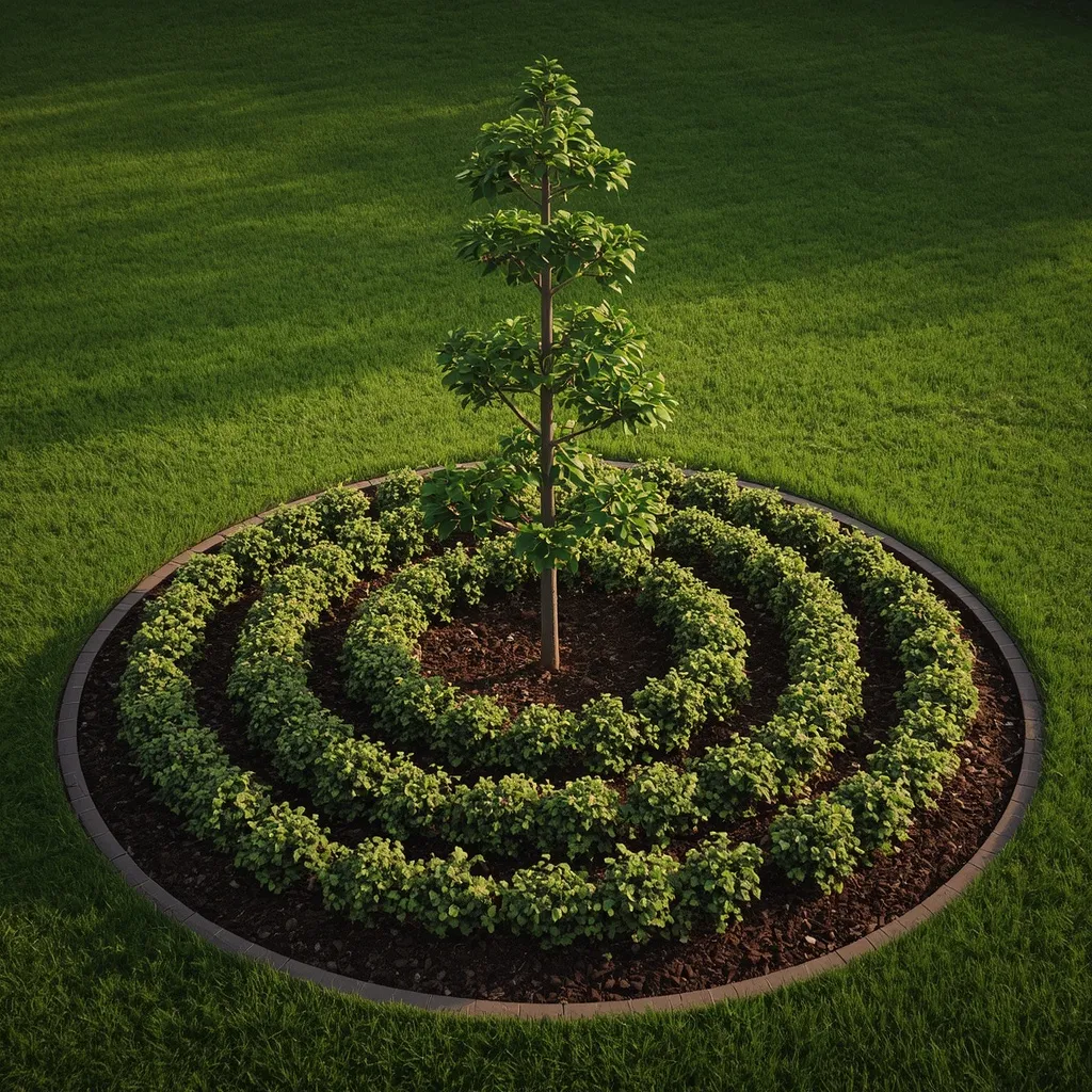 Round focal flower bed with tree