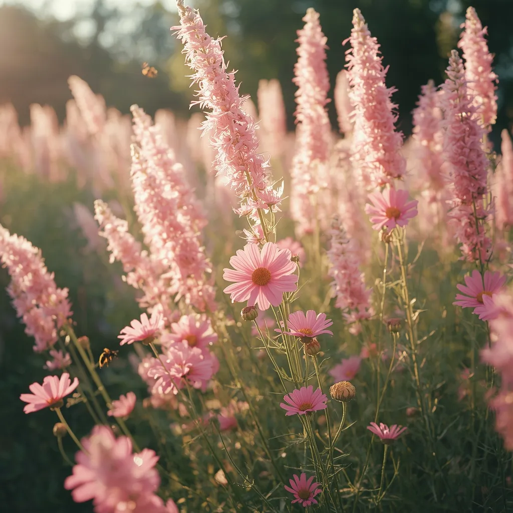 Tall pink cosmos flowers swaying in an airy summer garden border