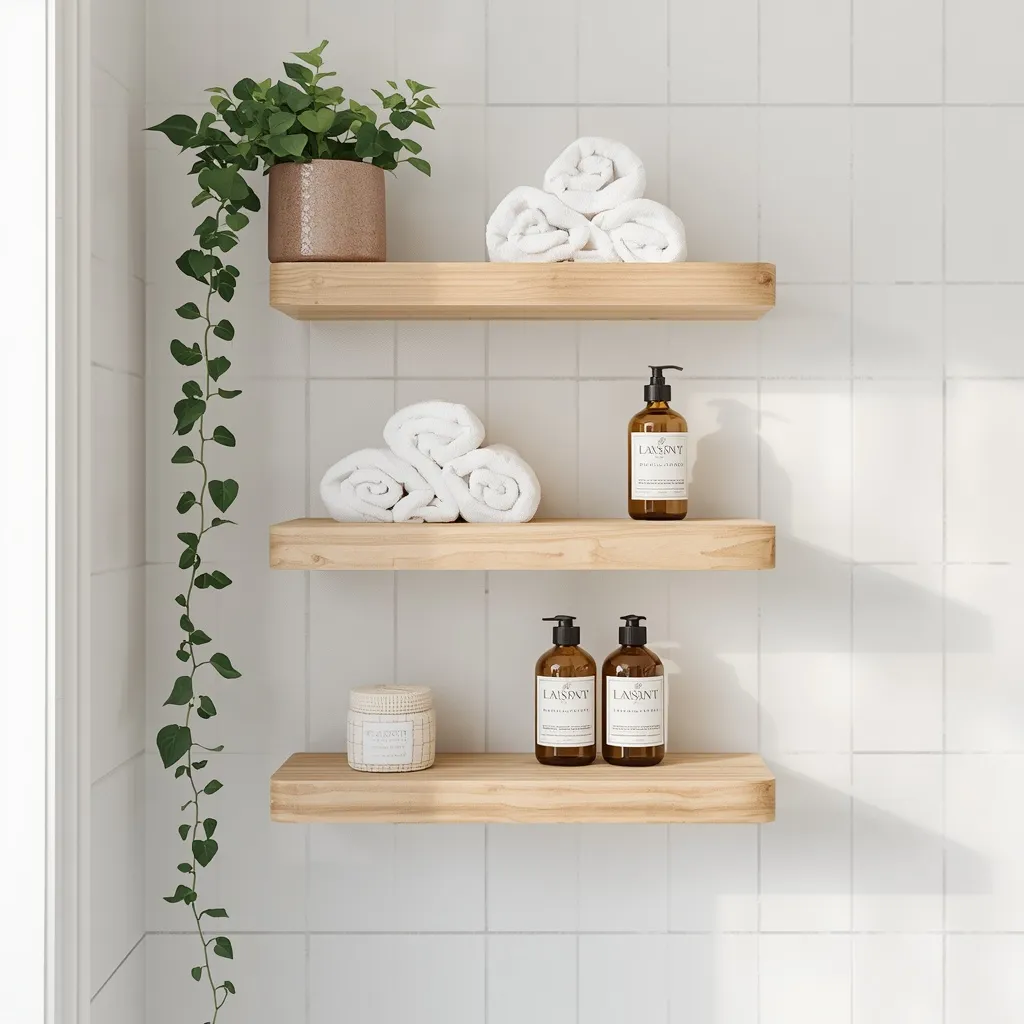 Three staggered floating shelves in a bathroom with towels, bottles and a plant