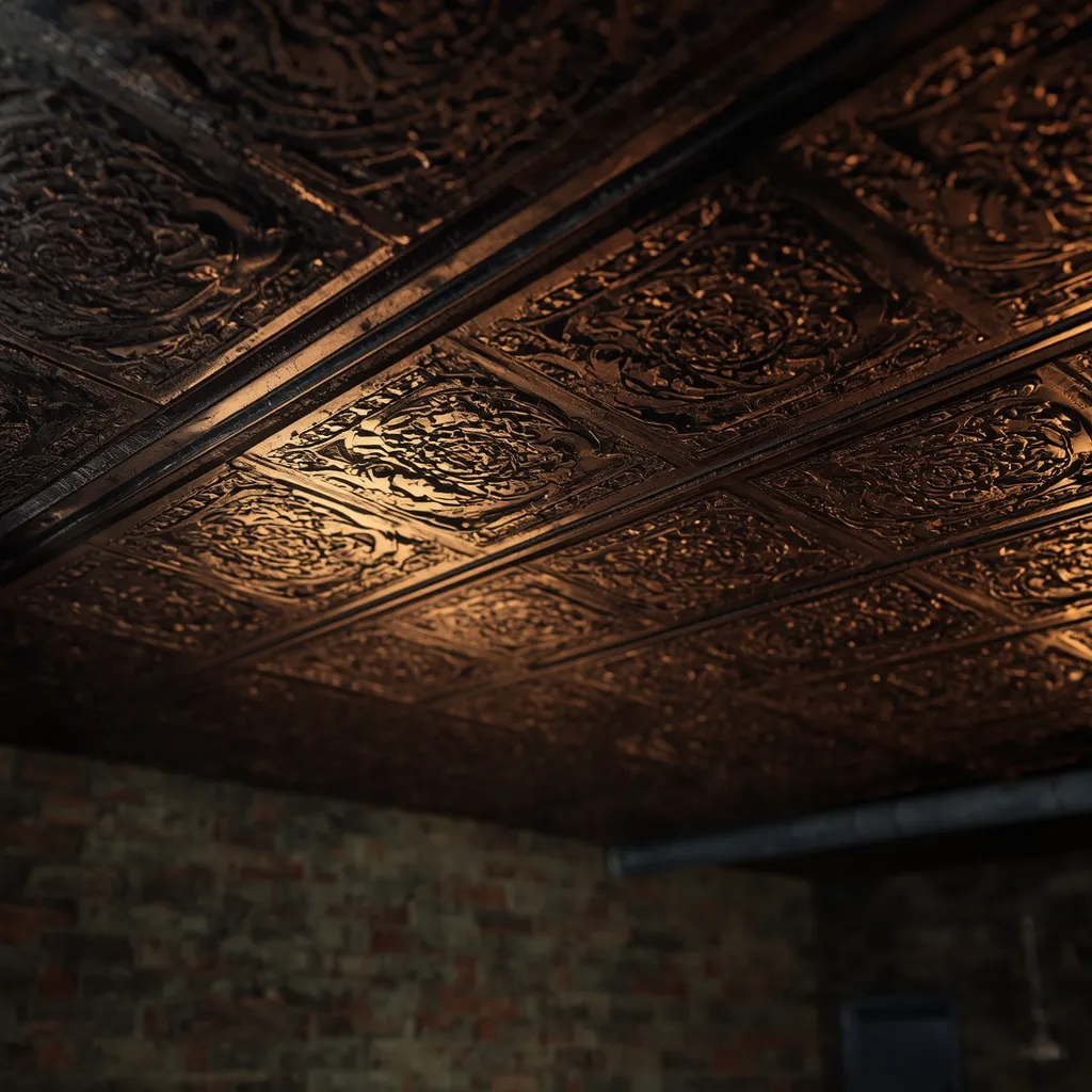 Aged tin ceiling tiles above a rustic garage bar reflecting warm light