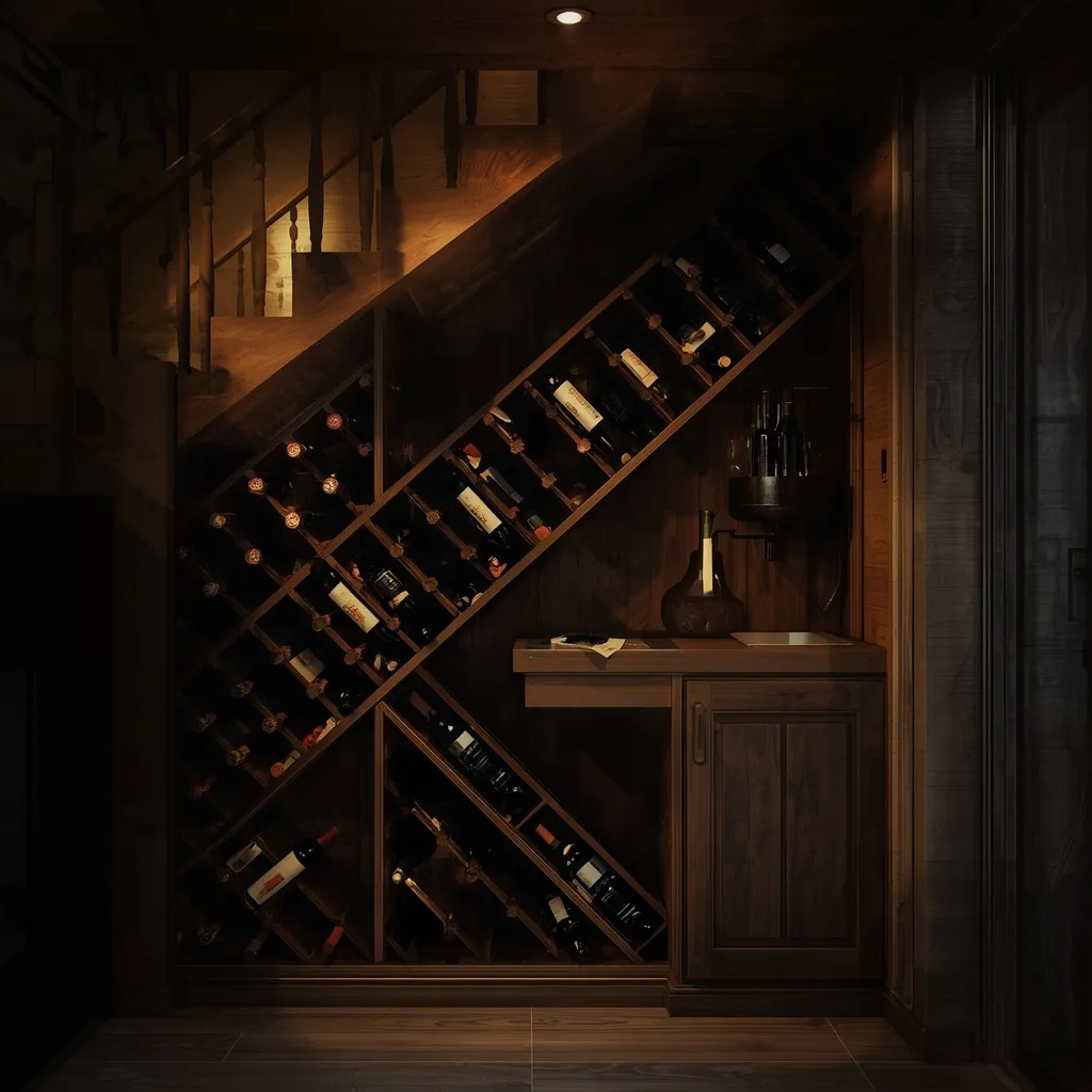 An under-stair wine rack with a diagonal lattice holding bottles on their sides