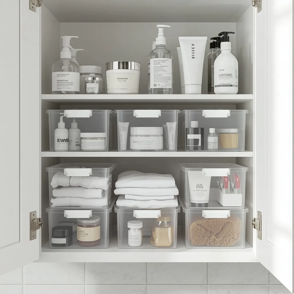 Clear stackable bins grouping toiletries by category in a bathroom cabinet