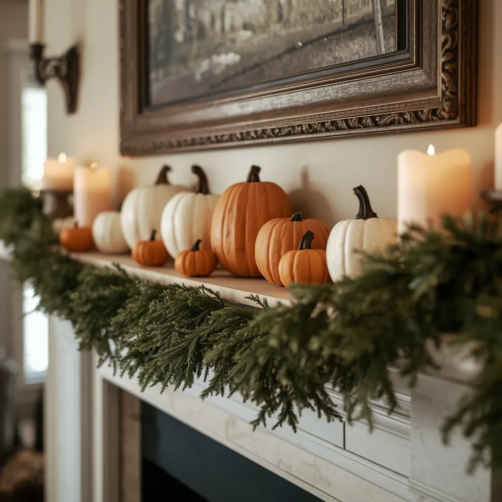 Fall pumpkin mantel with garland