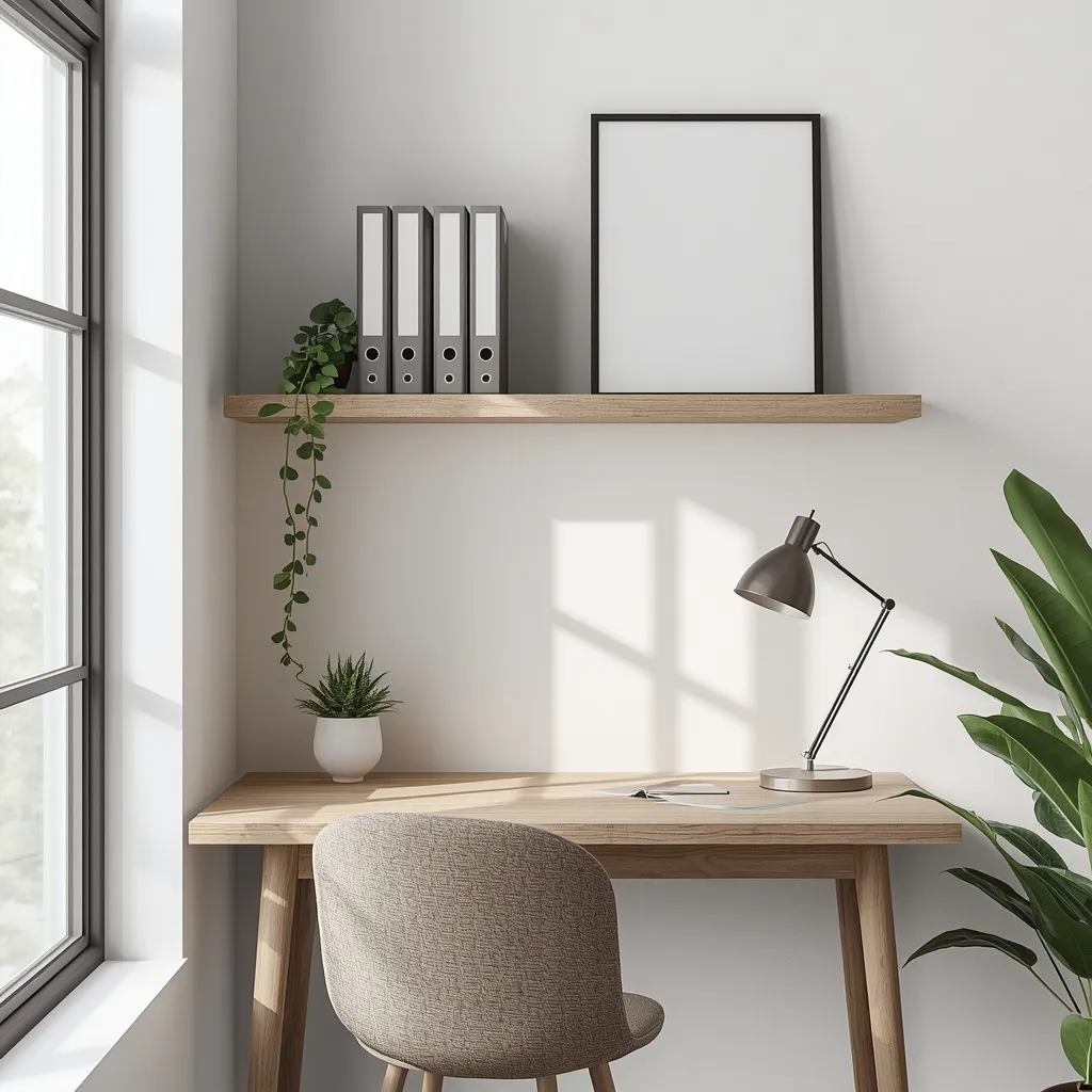 Floating shelf mounted above a home office desk with files, a lamp and a plant