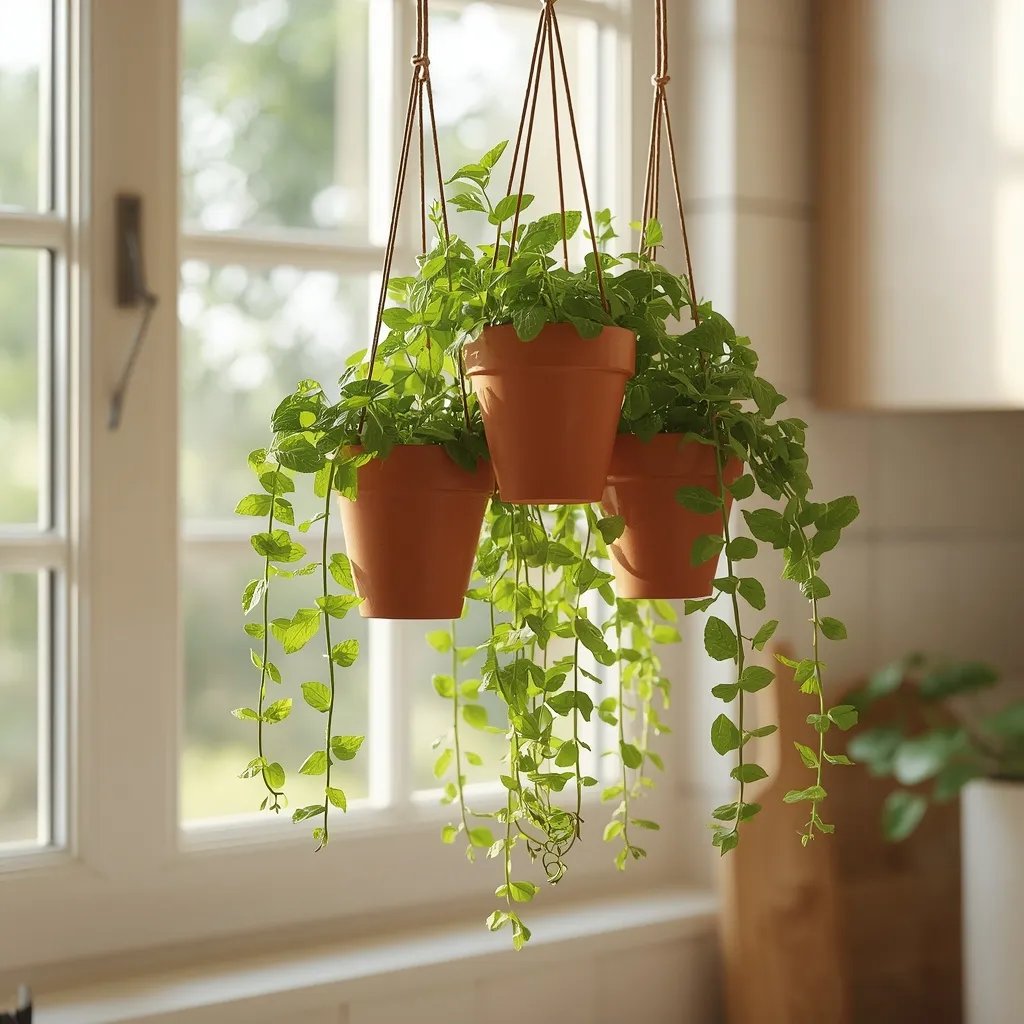 Hanging kitchen herb garden by a window