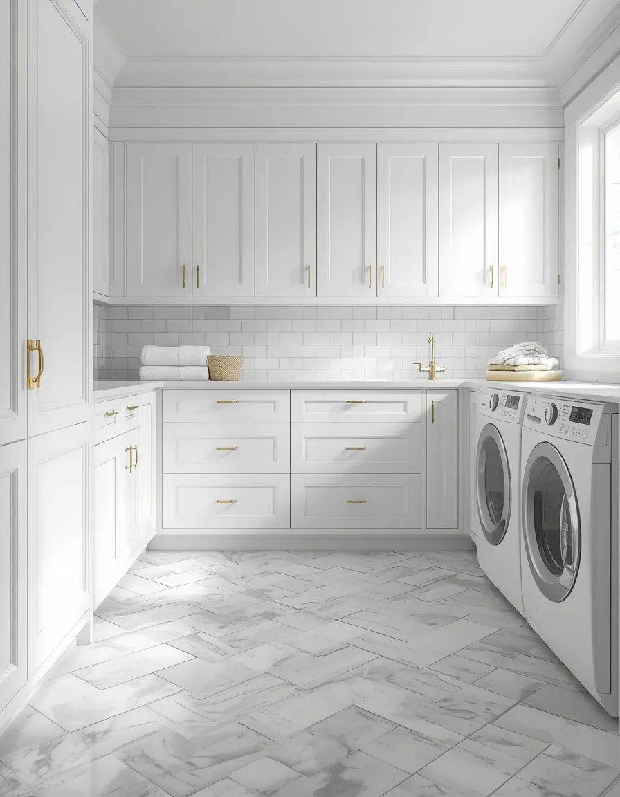Herringbone tile laundry room floor