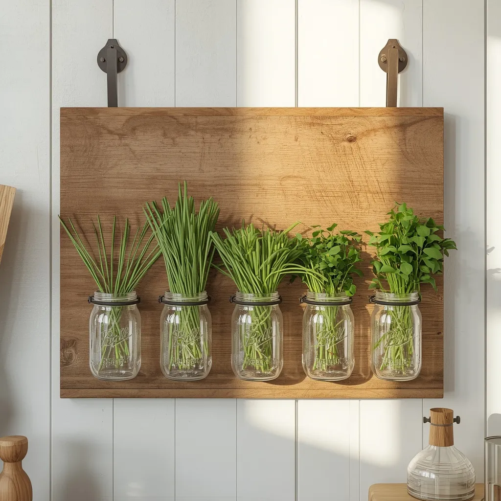 Mason jar wall herb garden display