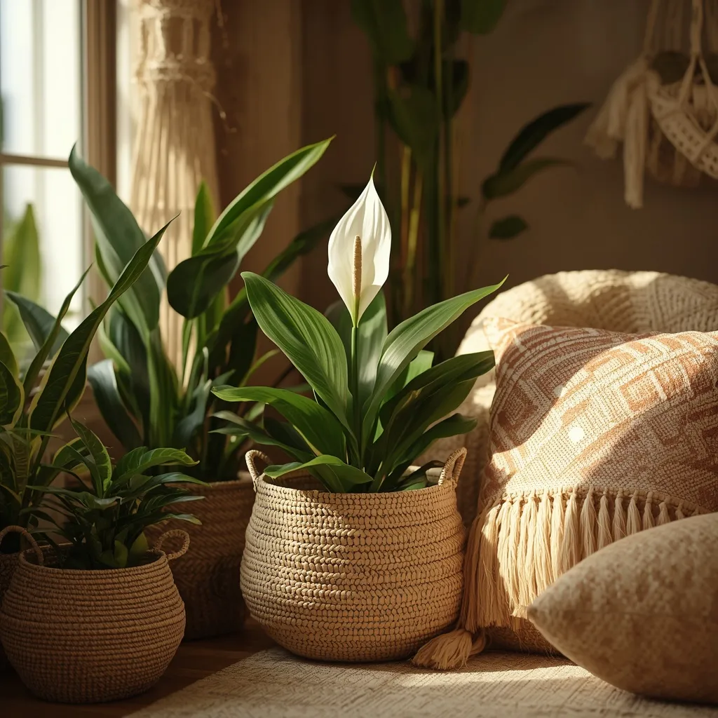 Peace lily in a boho woven basket