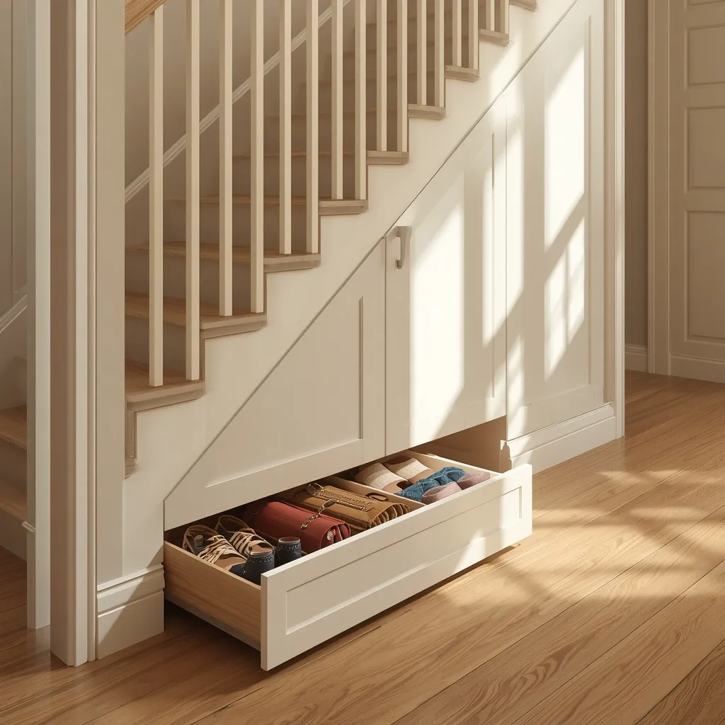 Pull-out under-stair drawers open to reveal organised shoes and bags