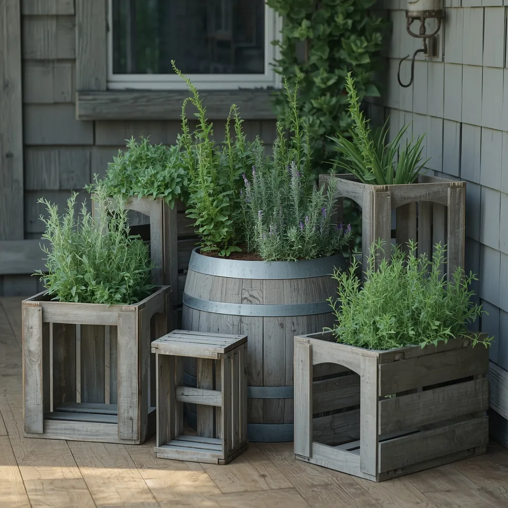 Rustic crate and barrel patio herb garden