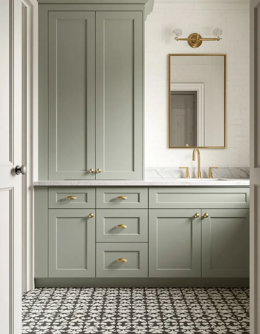 Sage green laundry room with brass accents