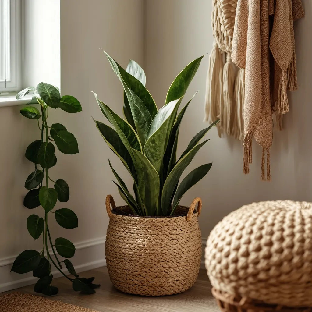 Snake plant in a boho woven basket