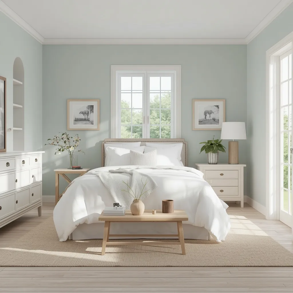 Soft blue farmhouse bedroom